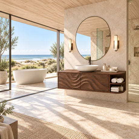 Wall mounted bath cabinet in natural solid wood with sculpted panels and open end shelves
