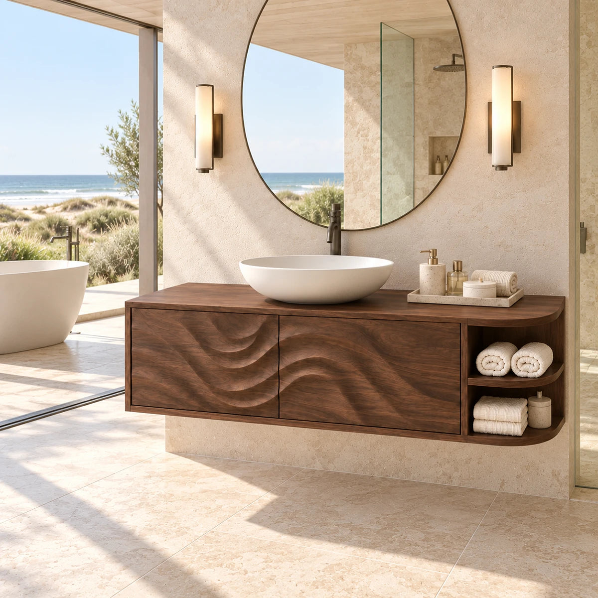 Organic bathroom vanity in natural solid wood with flowing relief doors and towel storage