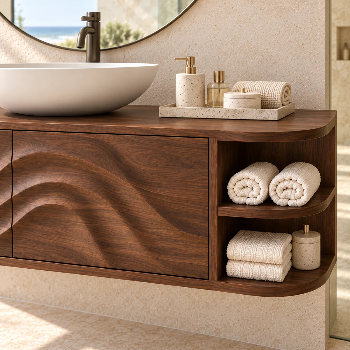 Architectural bath vanity in natural solid wood with broad carved fronts and side cubbies