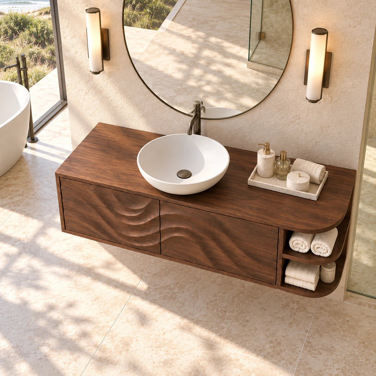 Modern vanity furniture in natural solid wood with wave panels and rounded shelf ends