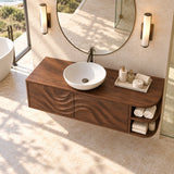 Modern vanity furniture in natural solid wood with wave panels and rounded shelf ends