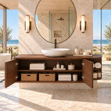 Artisan bathroom cabinet in natural solid wood with sculpted doors and open side storage