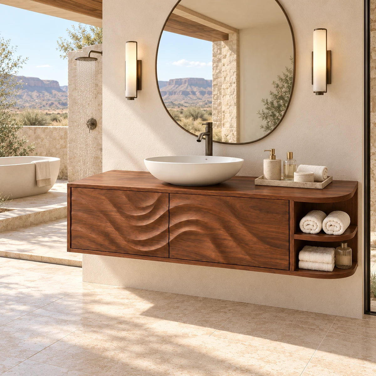 Wide floating vanity in natural solid wood with fluid front carving and two side shelves