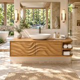 Contoured bath storage unit in natural solid wood with carved panels and open towel space