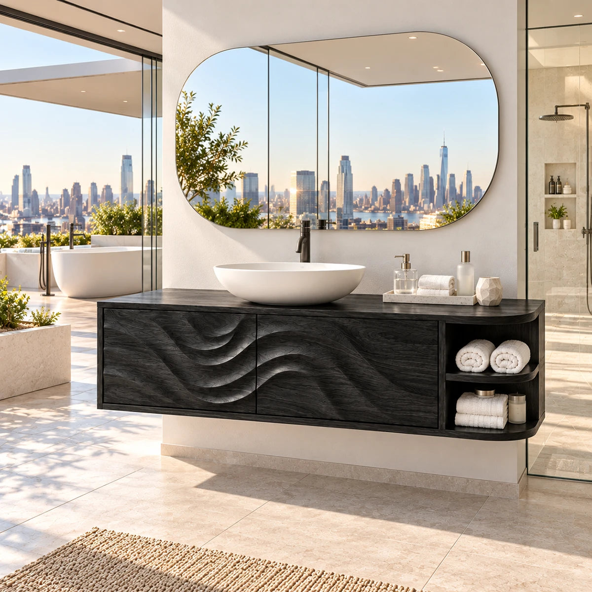 Gallery style bathroom vanity in natural solid wood with flowing fronts and shelf storage