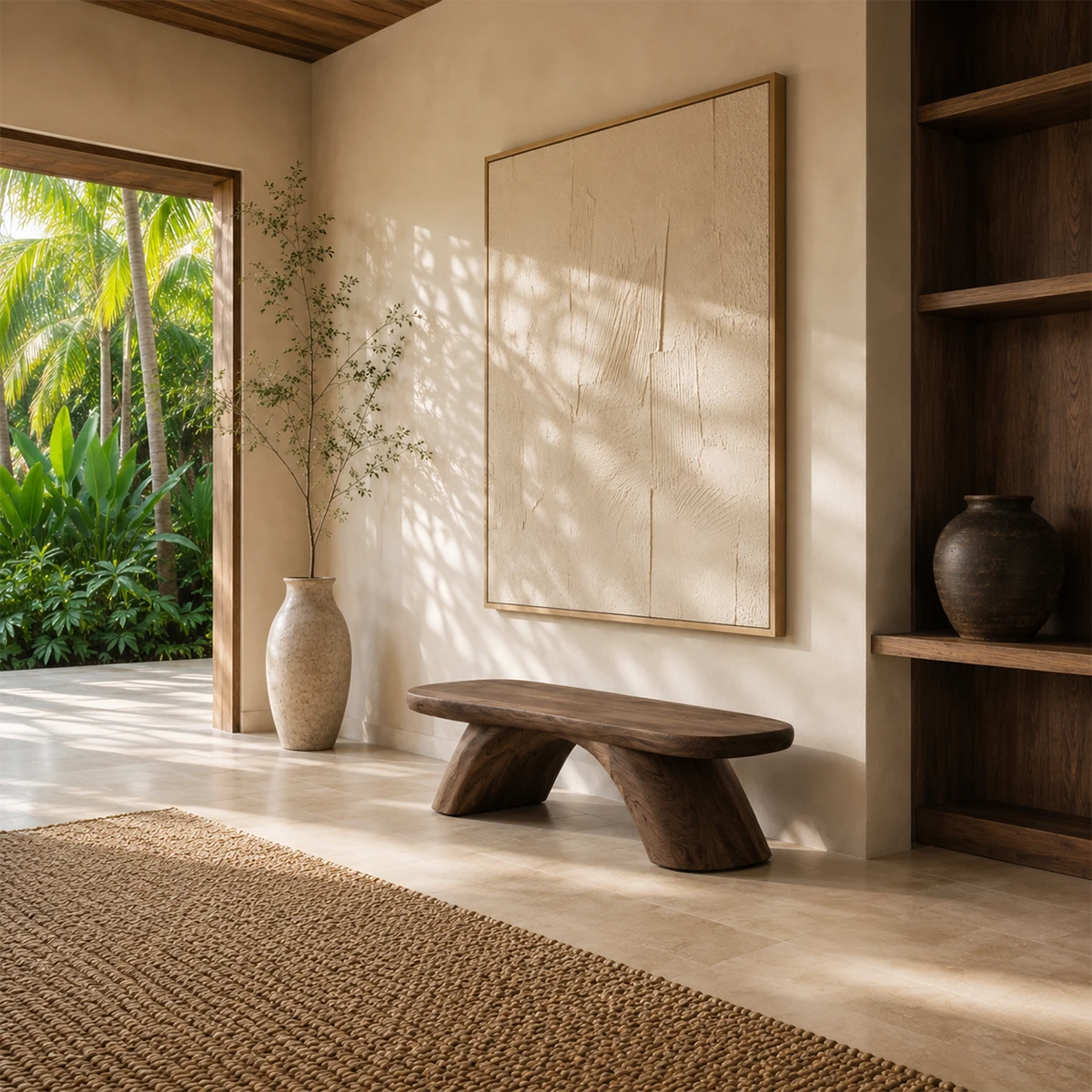 Organic modern bench features a broad seat and angled supports in warm natural light