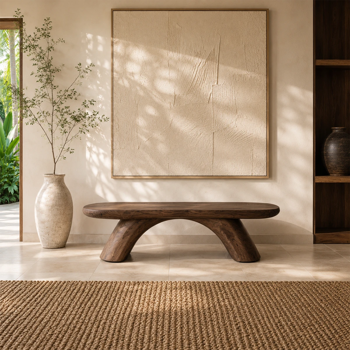 Designer hallway bench pairs bold geometry with visible grain and a dark tone finish