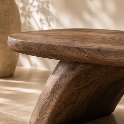 Handcrafted entry bench brings sculpted form and practical seating to a calm interior