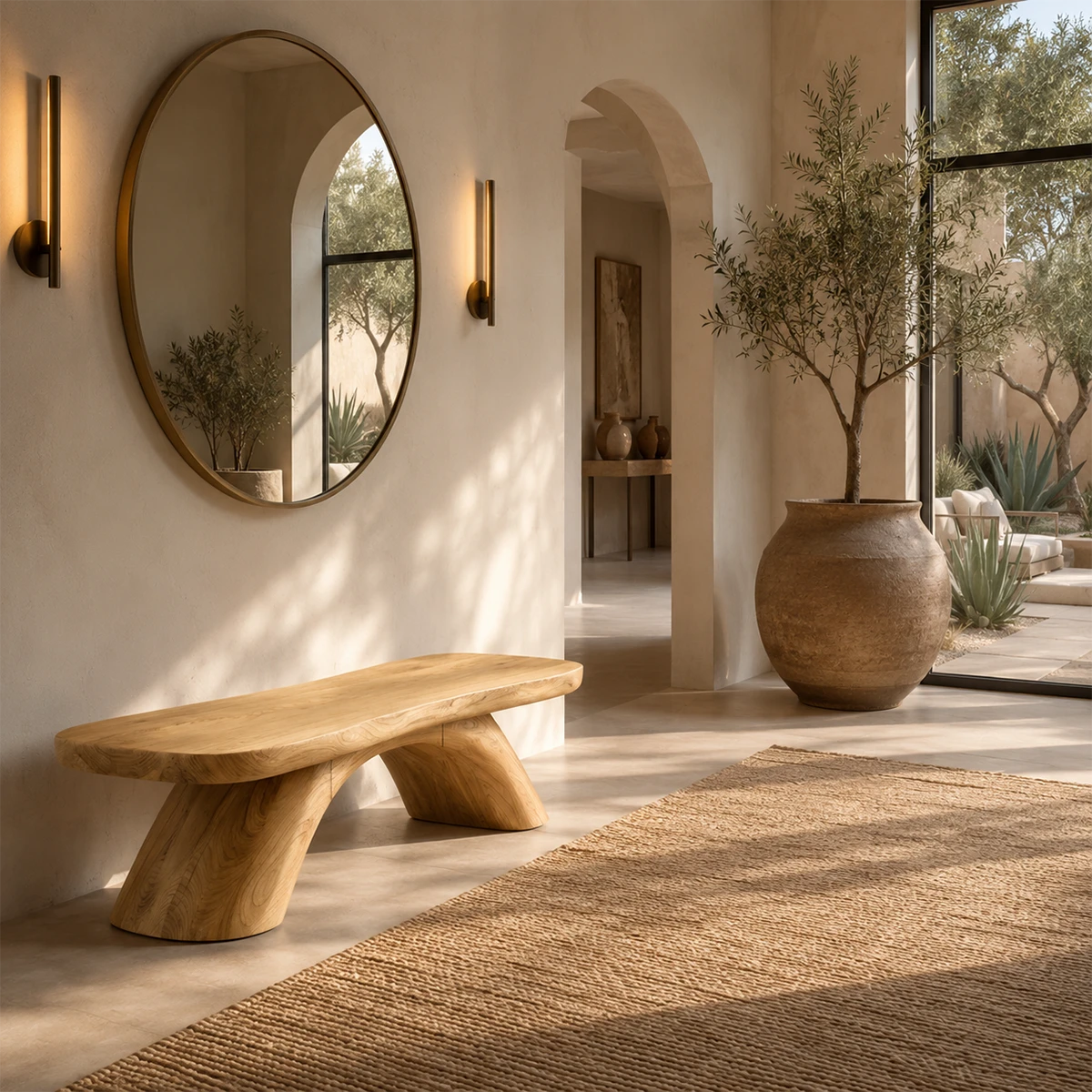 Artisan wood bench showcases a thick seat and architectural legs beside textured art