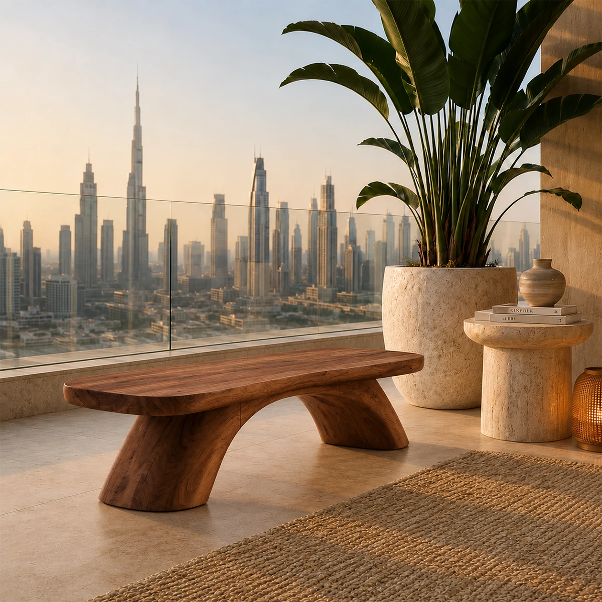 Minimalist foyer bench creates a grounded statement with flowing grain and soft edges