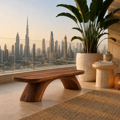 Minimalist foyer bench creates a grounded statement with flowing grain and soft edges