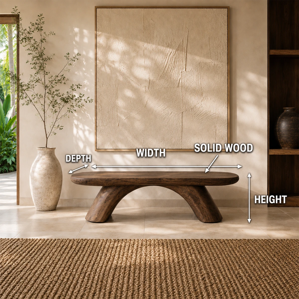 Unique statement bench blends organic contours with sturdy angled legs and warm decor