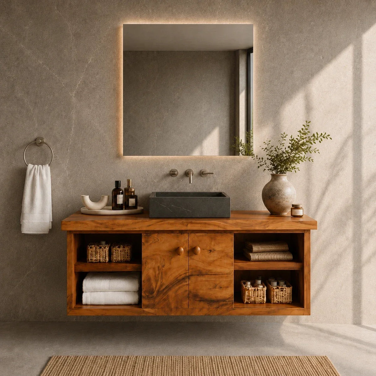 Balanced Natural Solid Wood Floating Bathroom Vanity With Side Shelves - ArborisWood - 12