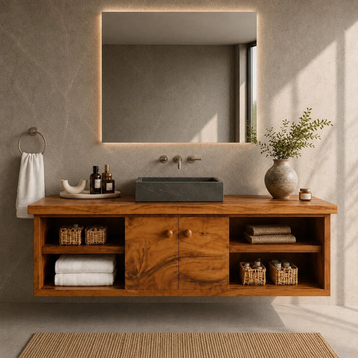 Balanced Natural Solid Wood Floating Bathroom Vanity With Side Shelves - ArborisWood - 14