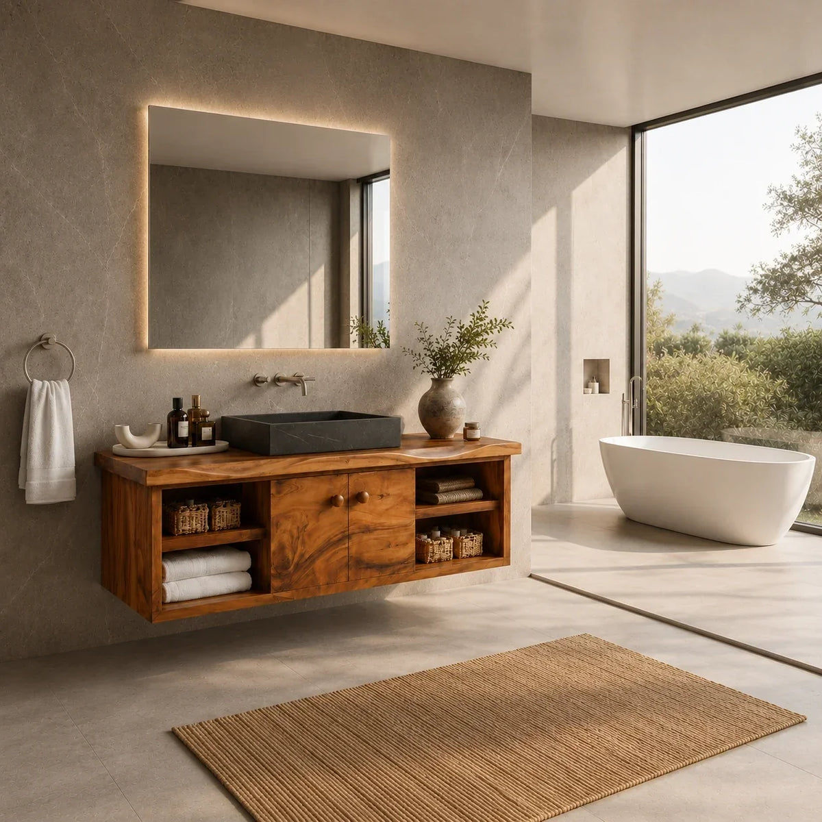 Balanced Natural Solid Wood Floating Bathroom Vanity With Side Shelves - ArborisWood - 2