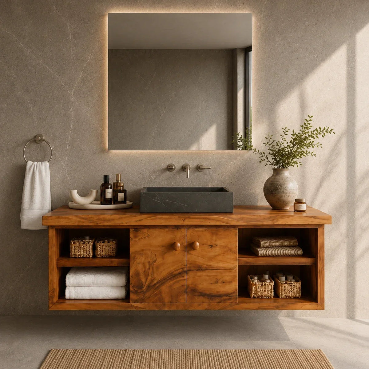 Balanced Natural Solid Wood Floating Bathroom Vanity With Side Shelves - ArborisWood - 3