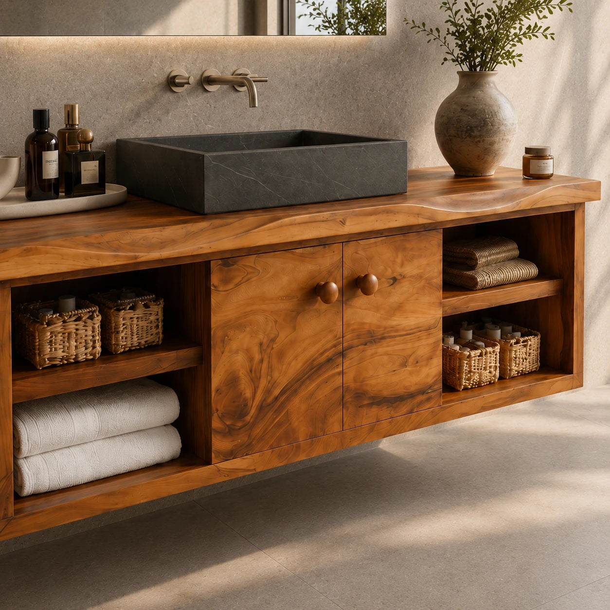 Balanced Natural Solid Wood Floating Bathroom Vanity With Side Shelves - ArborisWood - 4