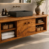 Balanced Natural Solid Wood Floating Bathroom Vanity With Side Shelves - ArborisWood - 4