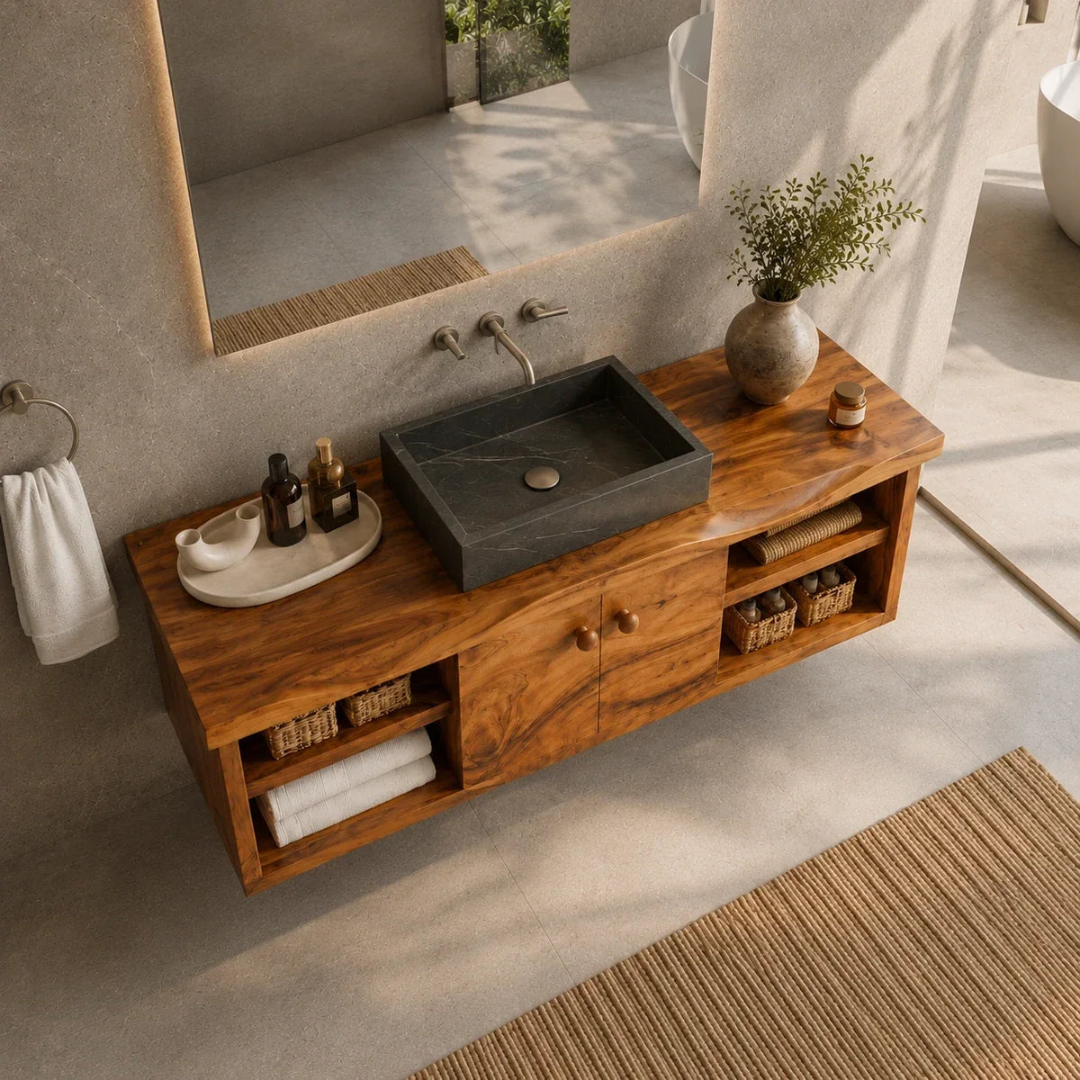 Balanced Natural Solid Wood Floating Bathroom Vanity With Side Shelves - ArborisWood - 5