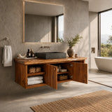 Balanced Natural Solid Wood Floating Bathroom Vanity With Side Shelves - ArborisWood - 6