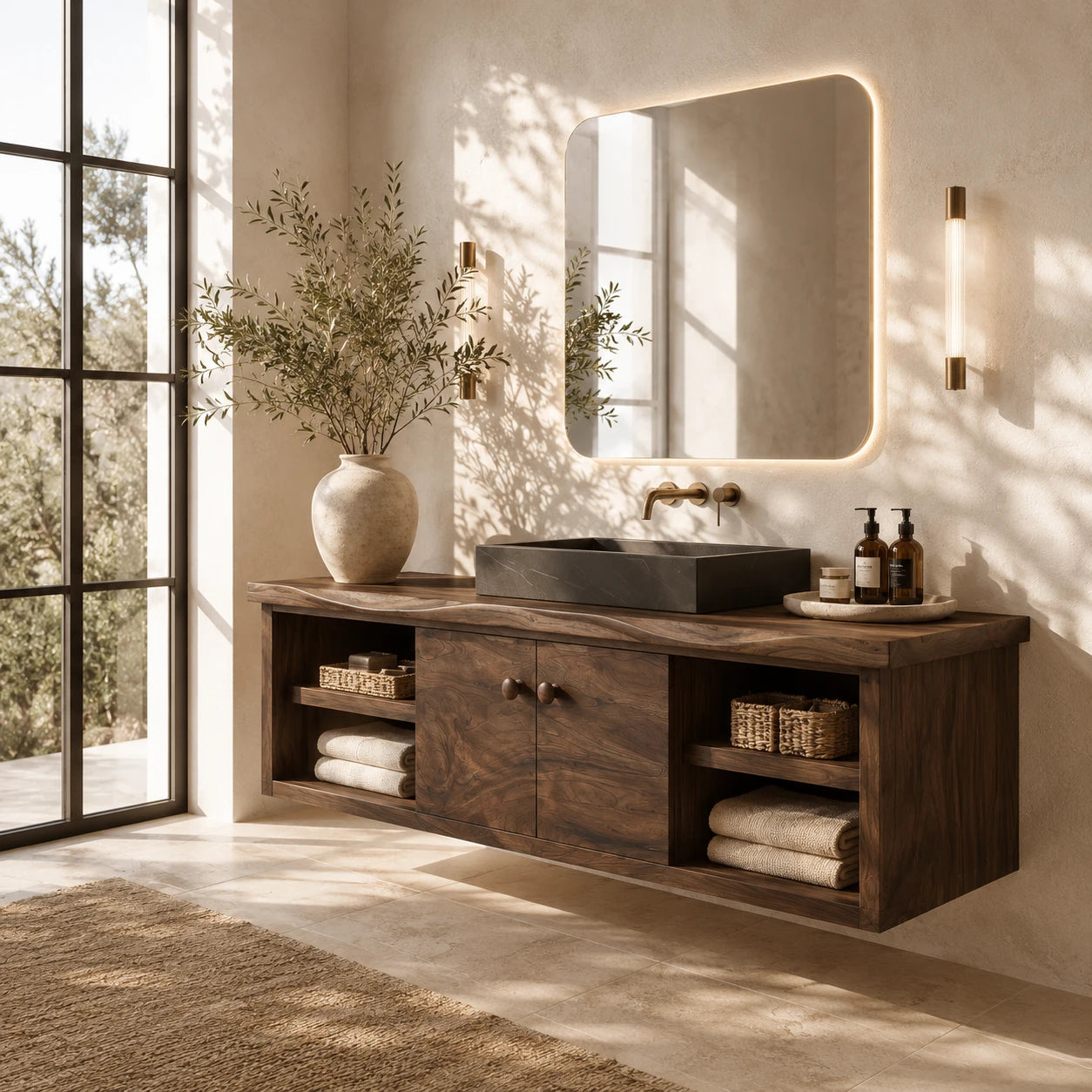 Balanced Natural Solid Wood Floating Bathroom Vanity With Side Shelves - ArborisWood - 7