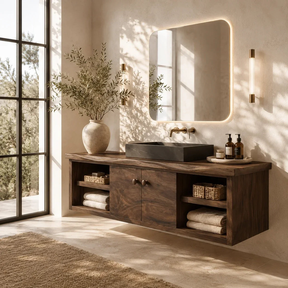 Balanced Natural Solid Wood Floating Bathroom Vanity With Side Shelves - ArborisWood - 7