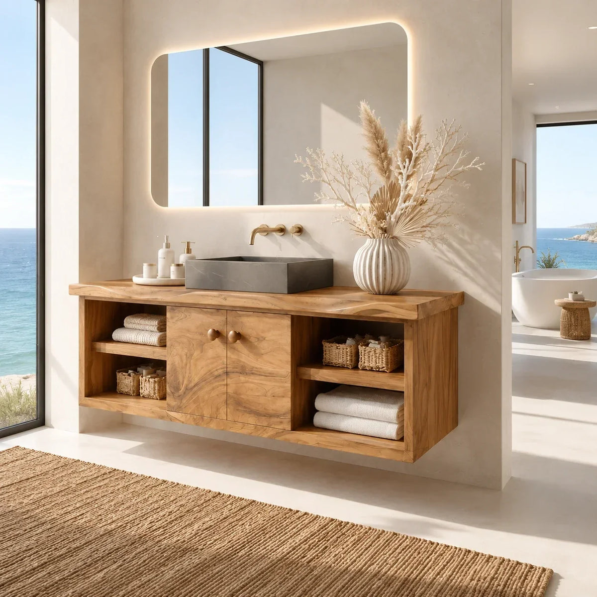 Balanced Natural Solid Wood Floating Bathroom Vanity With Side Shelves - ArborisWood - 8