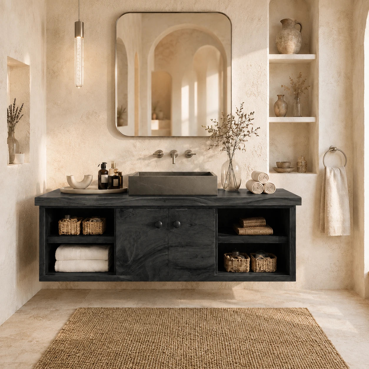 Balanced Natural Solid Wood Floating Bathroom Vanity With Side Shelves - ArborisWood - 9
