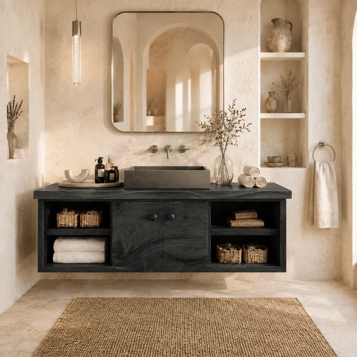 Balanced Natural Solid Wood Floating Bathroom Vanity With Side Shelves - ArborisWood - 9