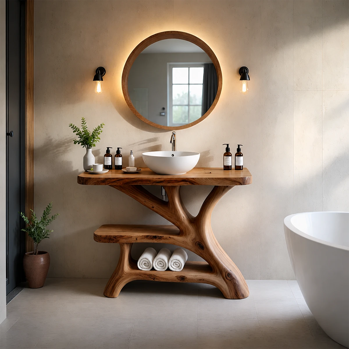 Bathroom Vanity Natural Solid Wood Sculptural Branch Base with Shelf - ArborisWood - 13