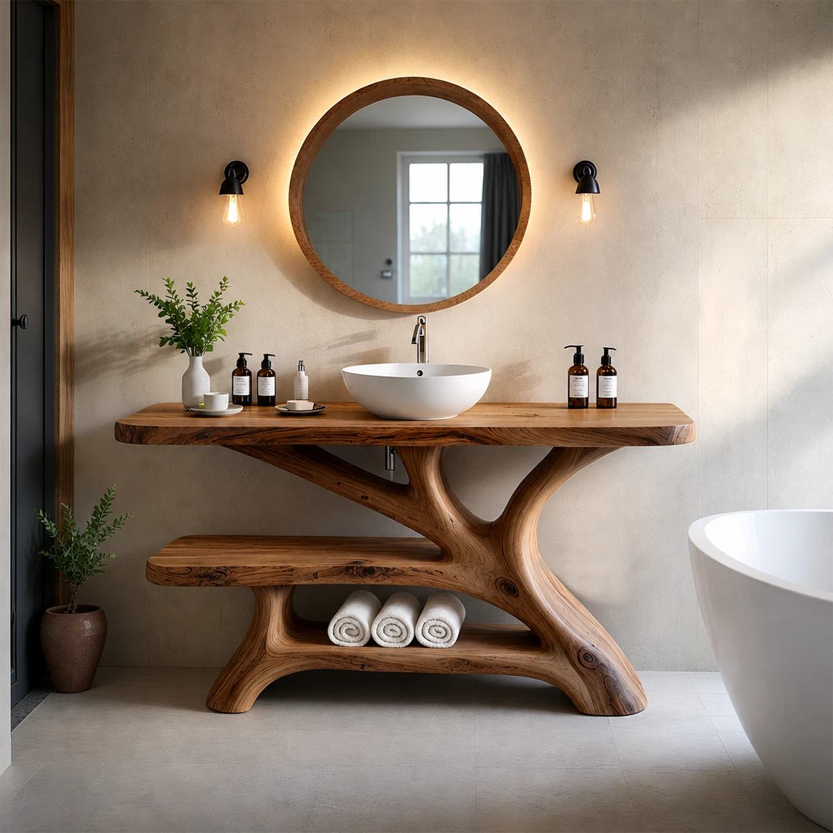 Bathroom Vanity Natural Solid Wood Sculptural Branch Base with Shelf - ArborisWood - 14