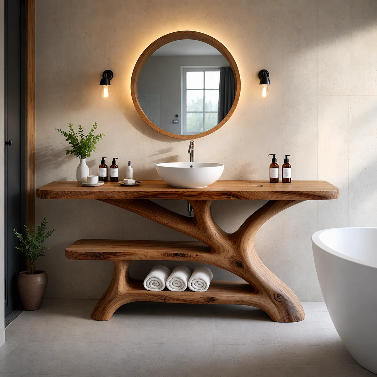 Bathroom Vanity Natural Solid Wood Sculptural Branch Base with Shelf - ArborisWood - 15