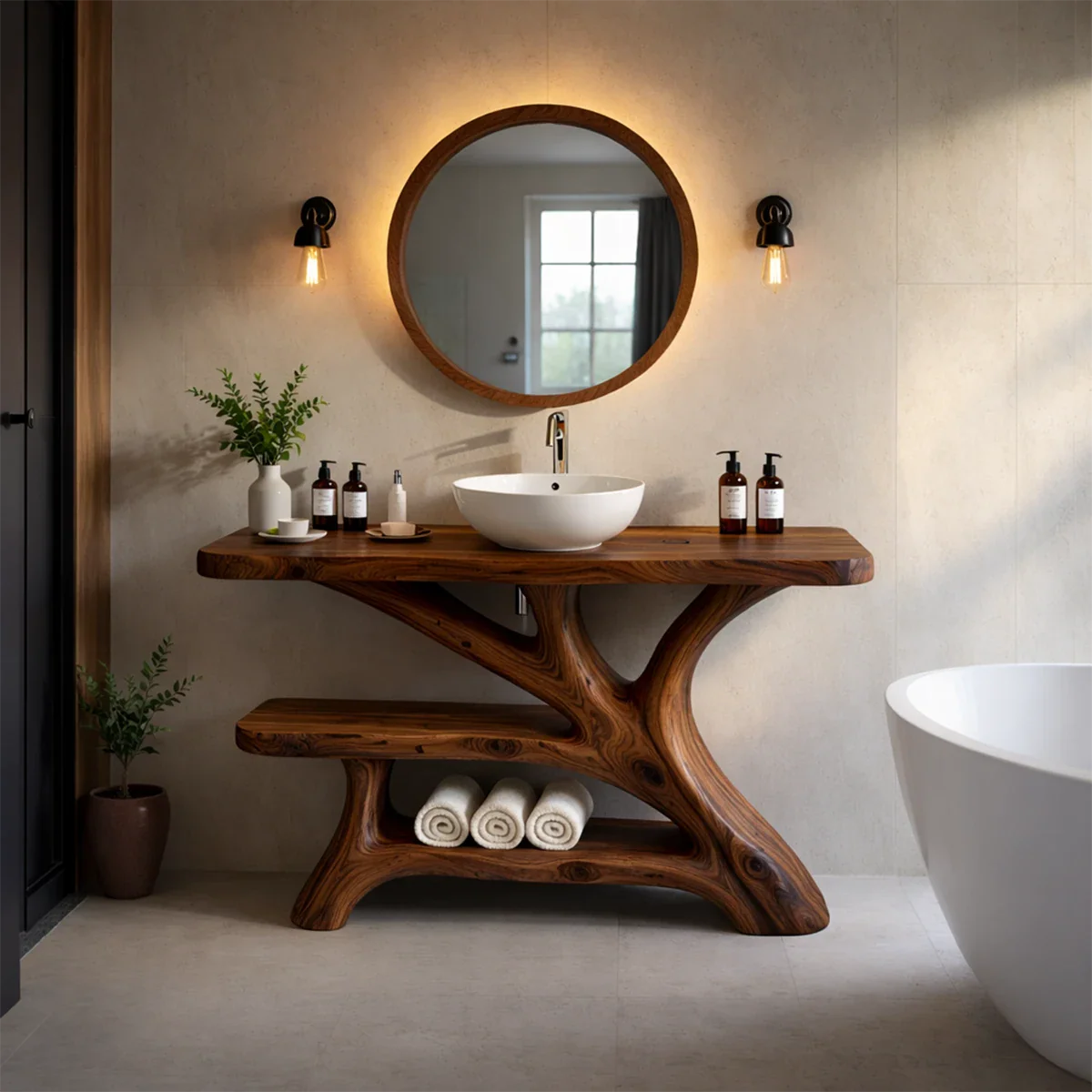 Bathroom Vanity Natural Solid Wood Sculptural Branch Base with Shelf - ArborisWood - 8
