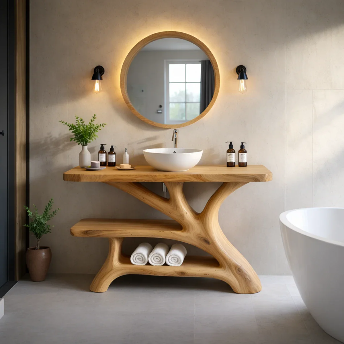 Bathroom Vanity Natural Solid Wood Sculptural Branch Base with Shelf - ArborisWood - 9