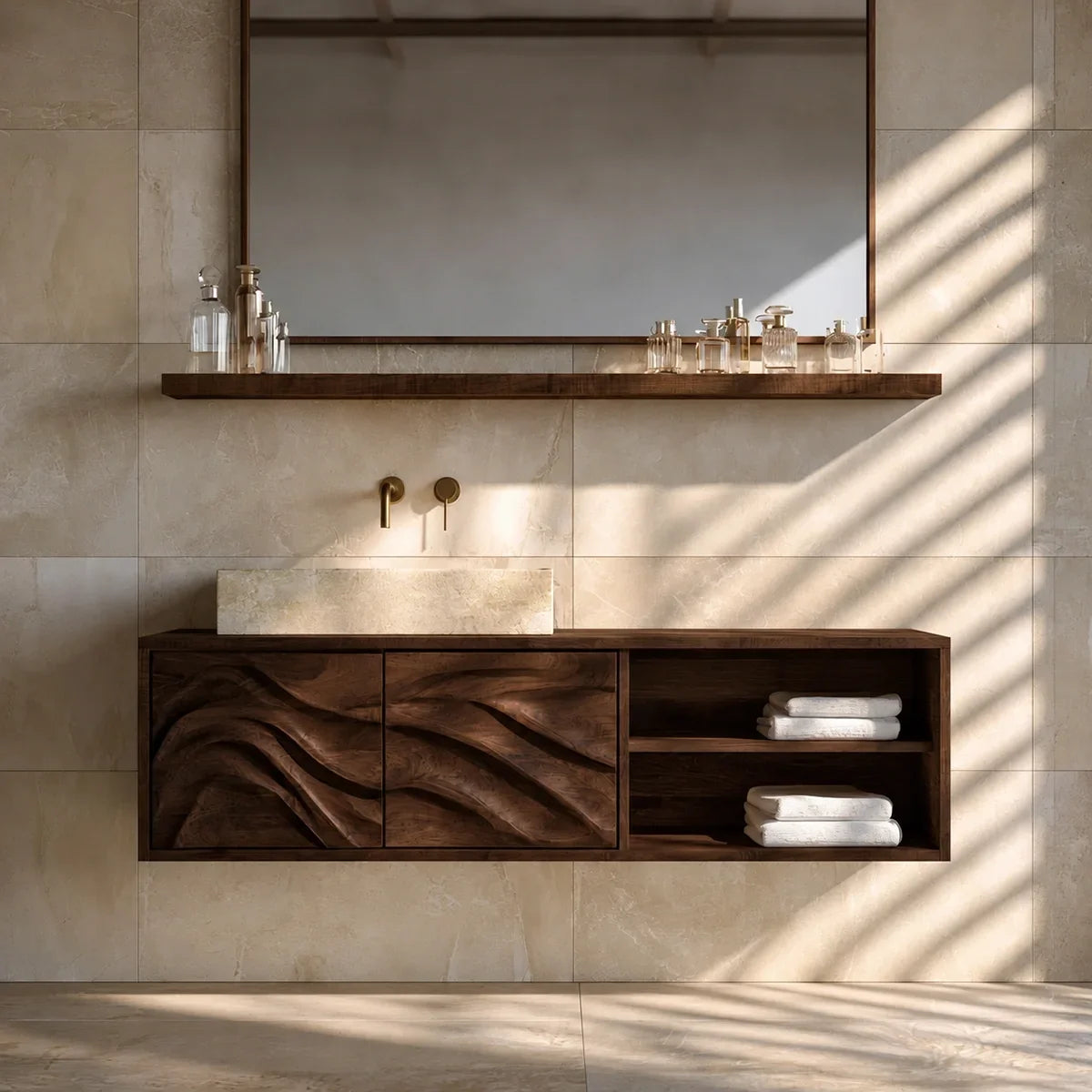 Bathroom Vanity with Hand-Carved Wave Doors and Open Shelving - Arboriswood - 10