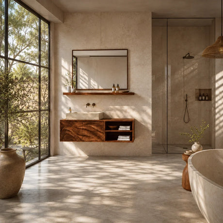 Bathroom Vanity with Hand-Carved Wave Doors and Open Shelving - Arboriswood - 2