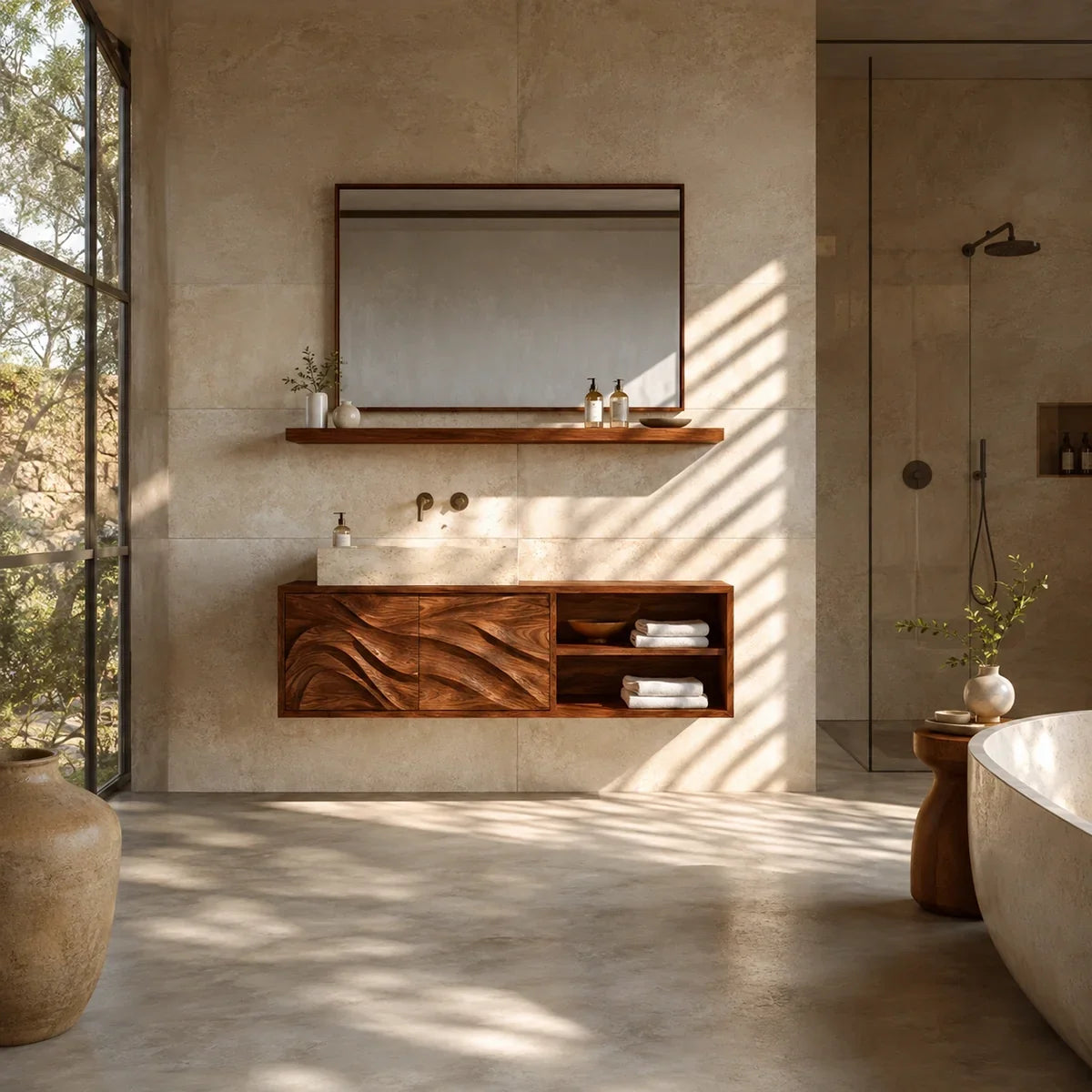 Bathroom Vanity with Hand-Carved Wave Doors and Open Shelving - Arboriswood - 3