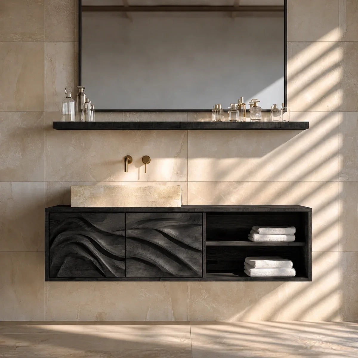 Bathroom Vanity with Hand-Carved Wave Doors and Open Shelving - Arboriswood - 8