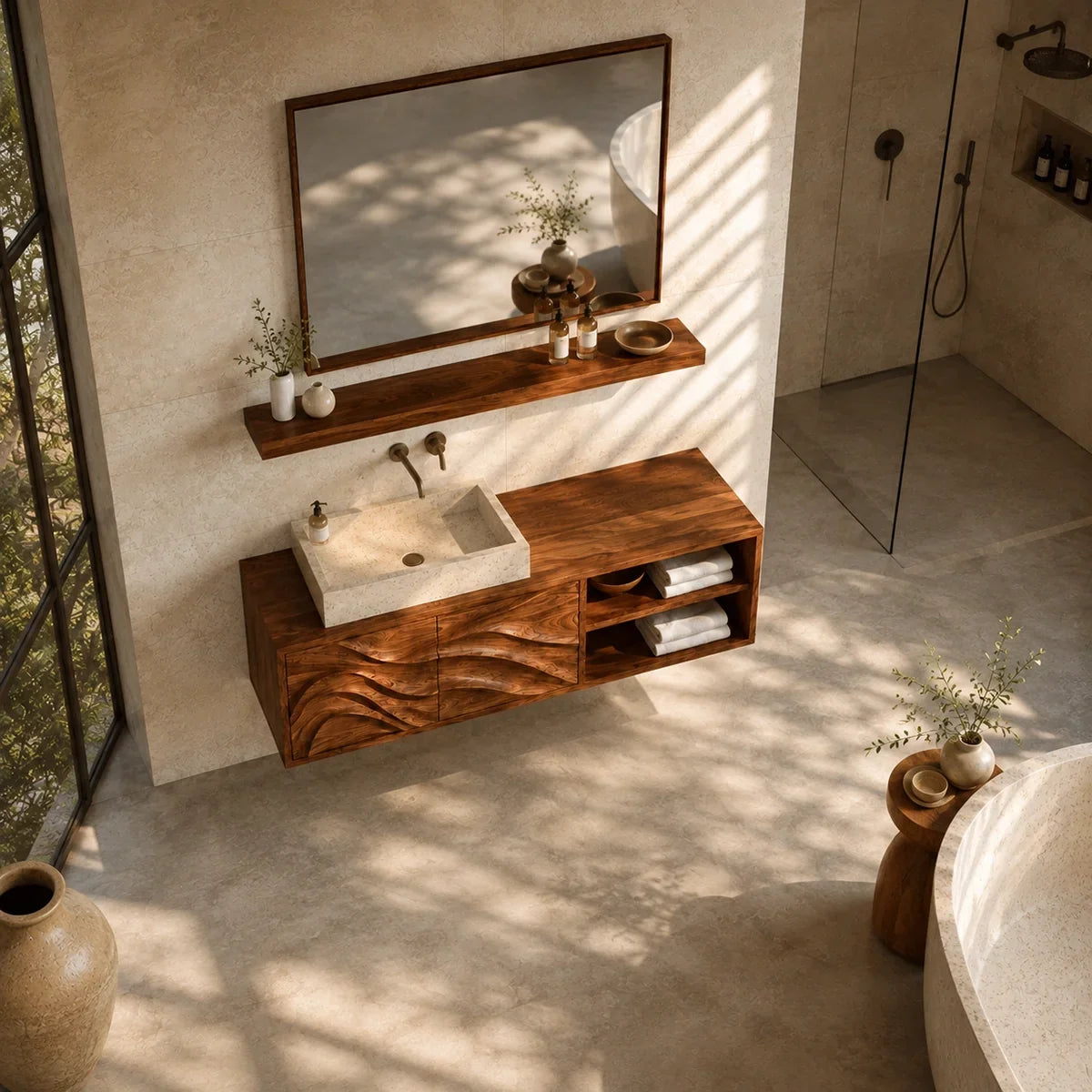 Bathroom Vanity with Hand-Carved Wave Doors and Open Shelving - Arboriswood - 5