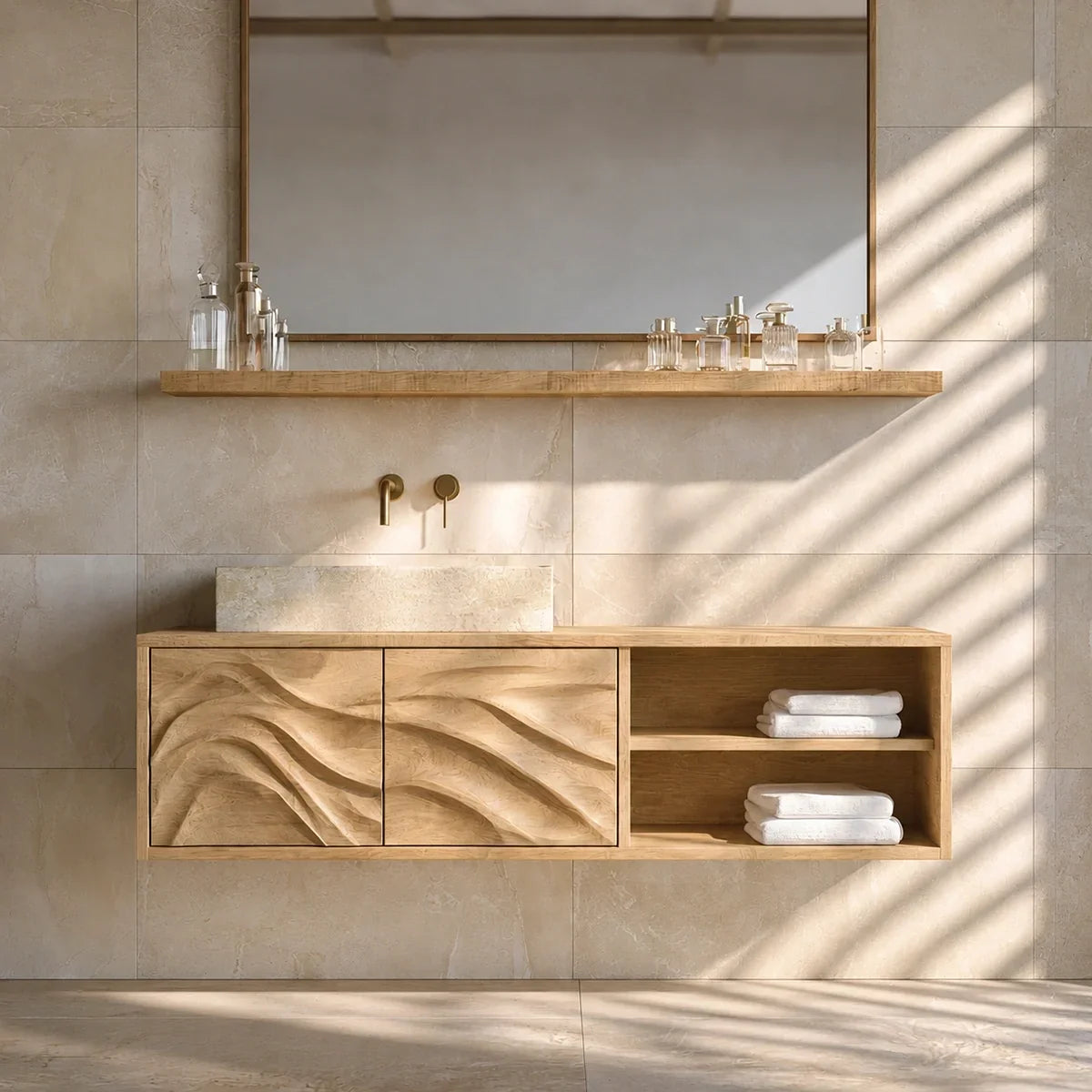 Bathroom Vanity with Hand-Carved Wave Doors and Open Shelving - Arboriswood - 9