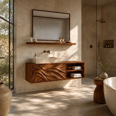 Bathroom Vanity with Hand-Carved Wave Doors and Open Shelving - Arboriswood
