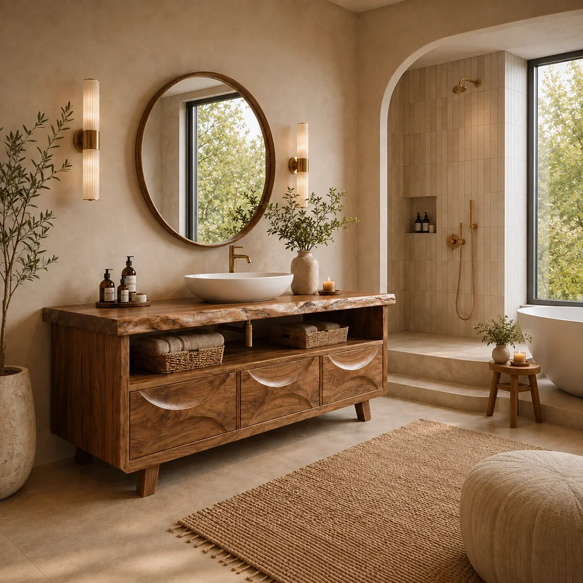 Bathroom Vanity with Hand-Carved Wave Drawers in Natural Solid Wood - Arboriswood - 1