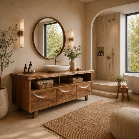 Bathroom Vanity with Hand-Carved Wave Drawers in Natural Solid Wood - Arboriswood - 1
