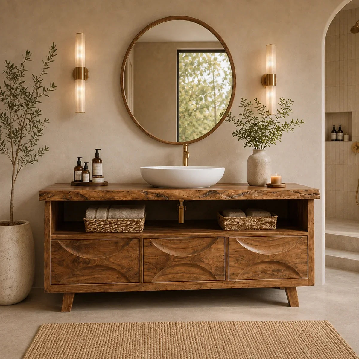 Bathroom Vanity with Hand-Carved Wave Drawers in Natural Solid Wood - Arboriswood - 2