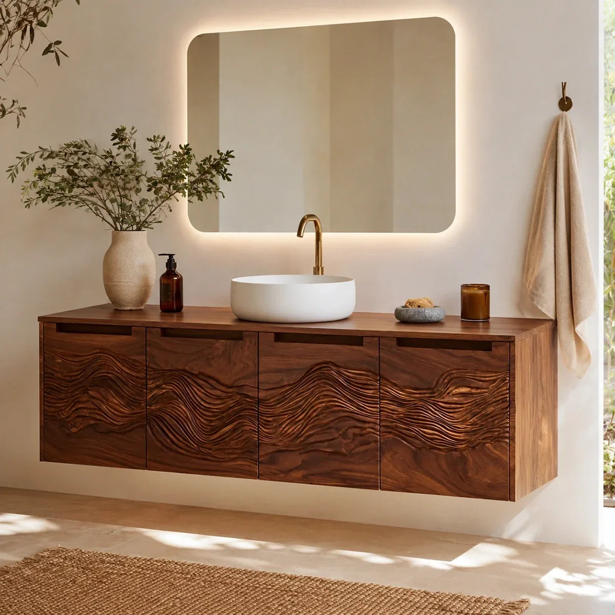 Bathroom Vanity with Hand-Carved Wave Drawers in Natural Solid Wood - Arboriswood - 2