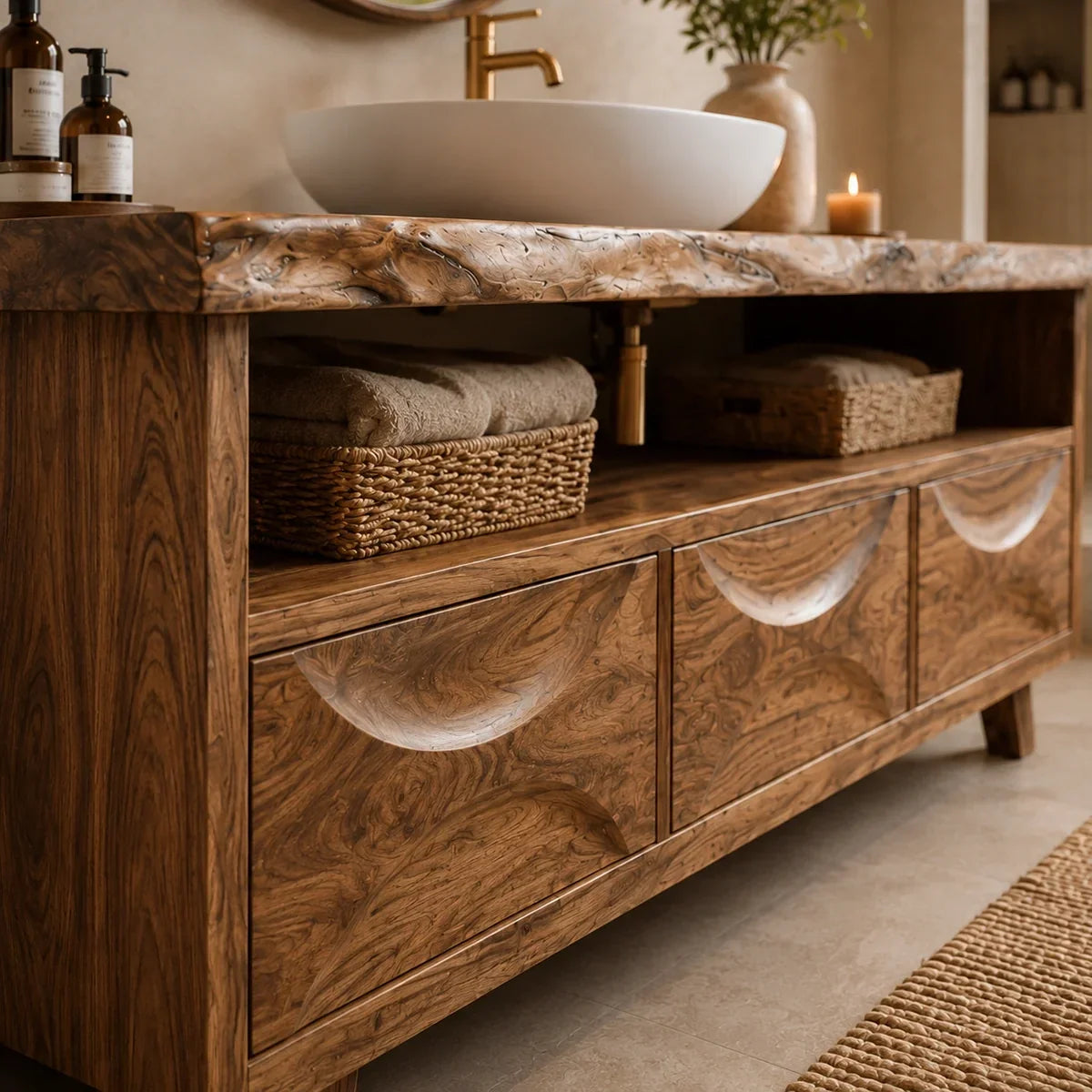 Bathroom Vanity with Hand-Carved Wave Drawers in Natural Solid Wood - Arboriswood - 3