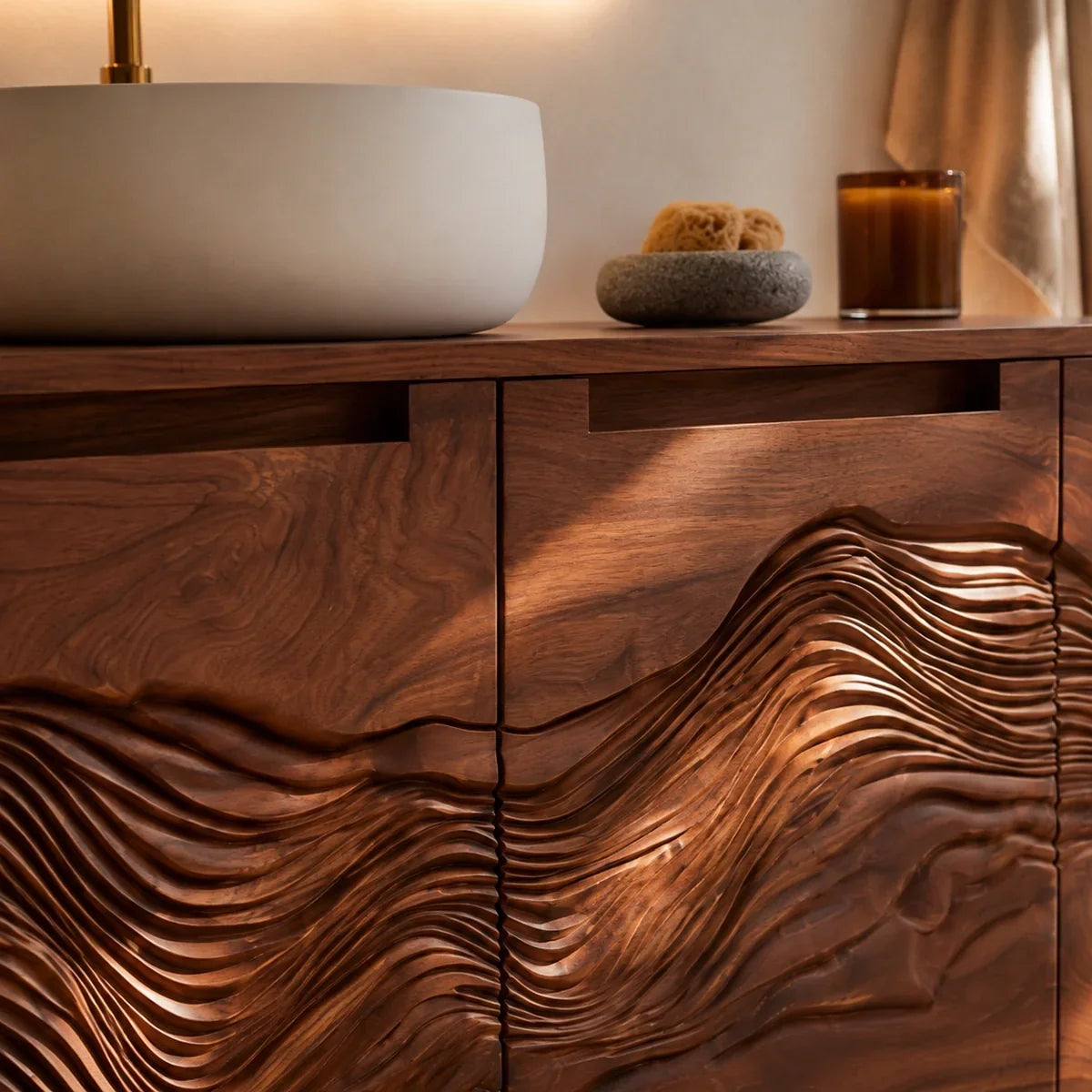 Bathroom Vanity with Hand-Carved Wave Drawers in Natural Solid Wood - Arboriswood - 3