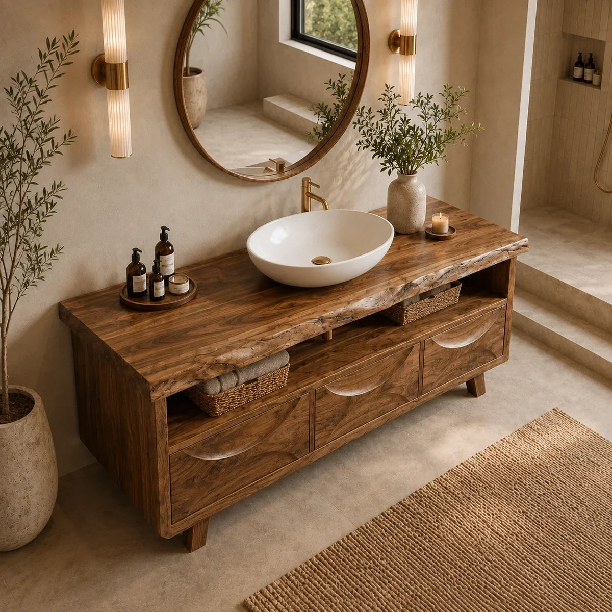 Bathroom Vanity with Hand-Carved Wave Drawers in Natural Solid Wood - Arboriswood - 4