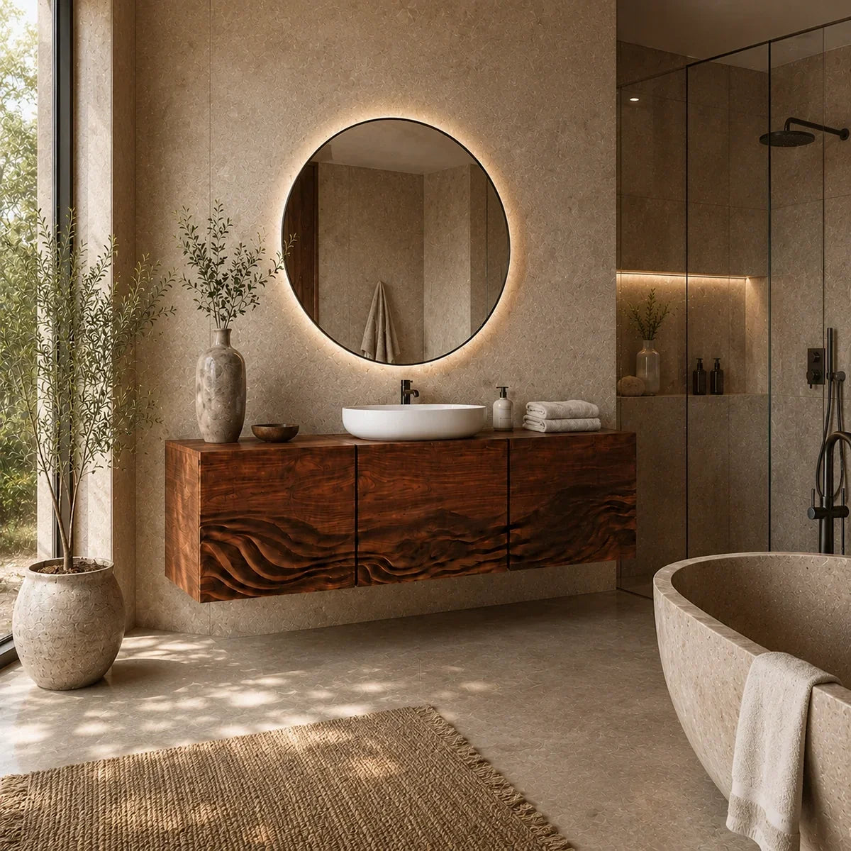 Bathroom Vanity with Hand-Carved Wave Drawers in Natural Solid Wood - Arboriswood - 3
