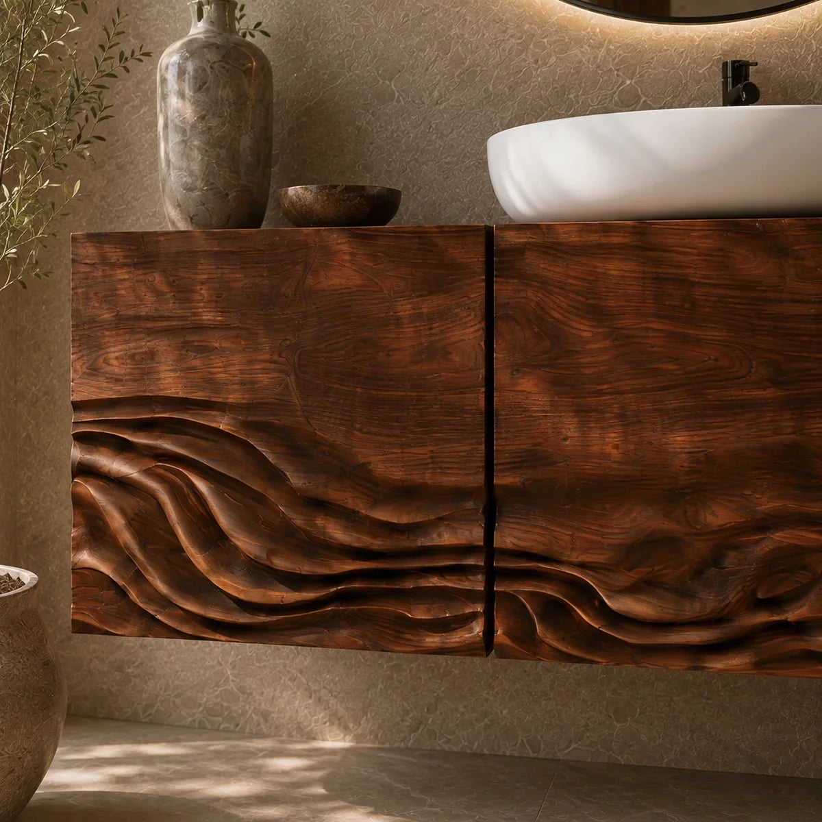 Bathroom Vanity with Hand-Carved Wave Drawers in Natural Solid Wood - Arboriswood - 4